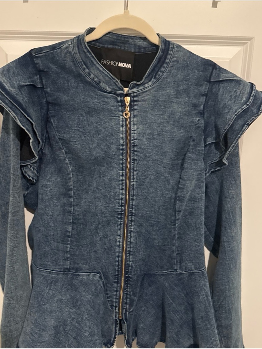 Fashion Nova Women's Denim Ruffle Jacket - Blue